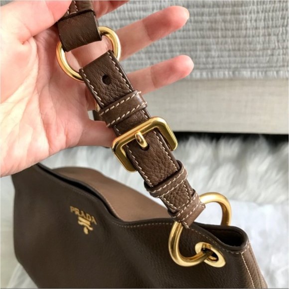 PRADA Brown and Gold Vitello Daino Leather Hobo Bag - Picture 13 of 15